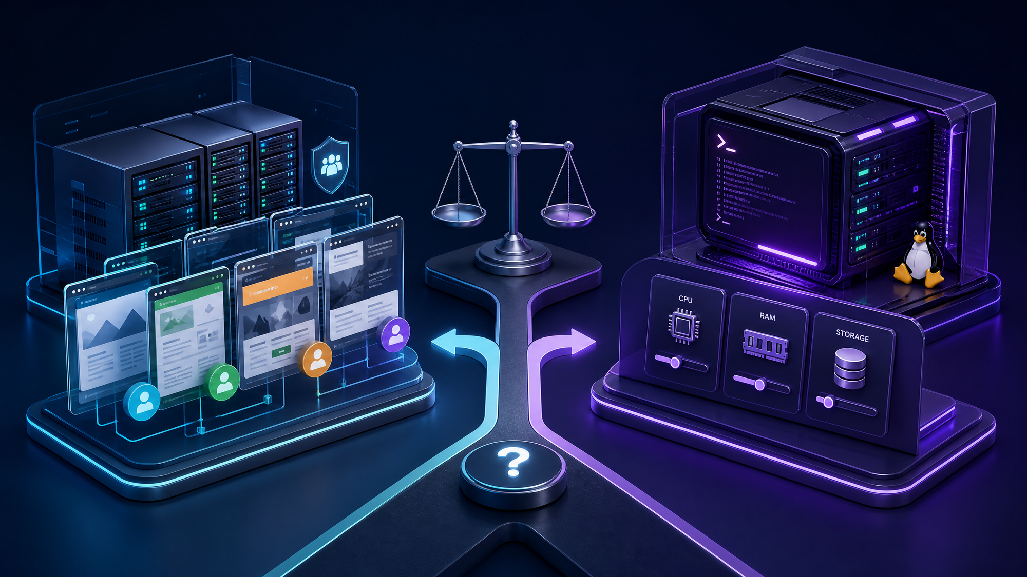 Minh họa lựa chọn shared hosting và VPS cho website nhỏ với hai mô hình vận hành khác nhau