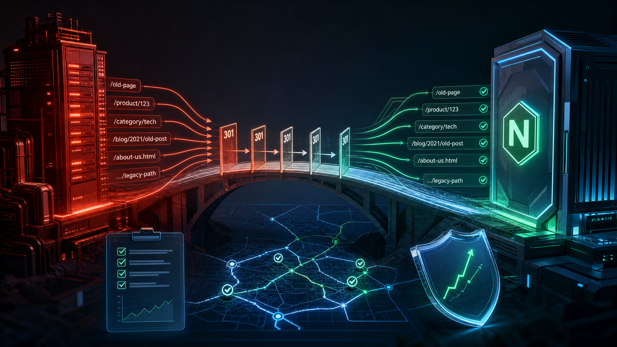 Minh họa đường chuyển website từ Apache sang Nginx với bản đồ URL SEO và cổng kiểm thử