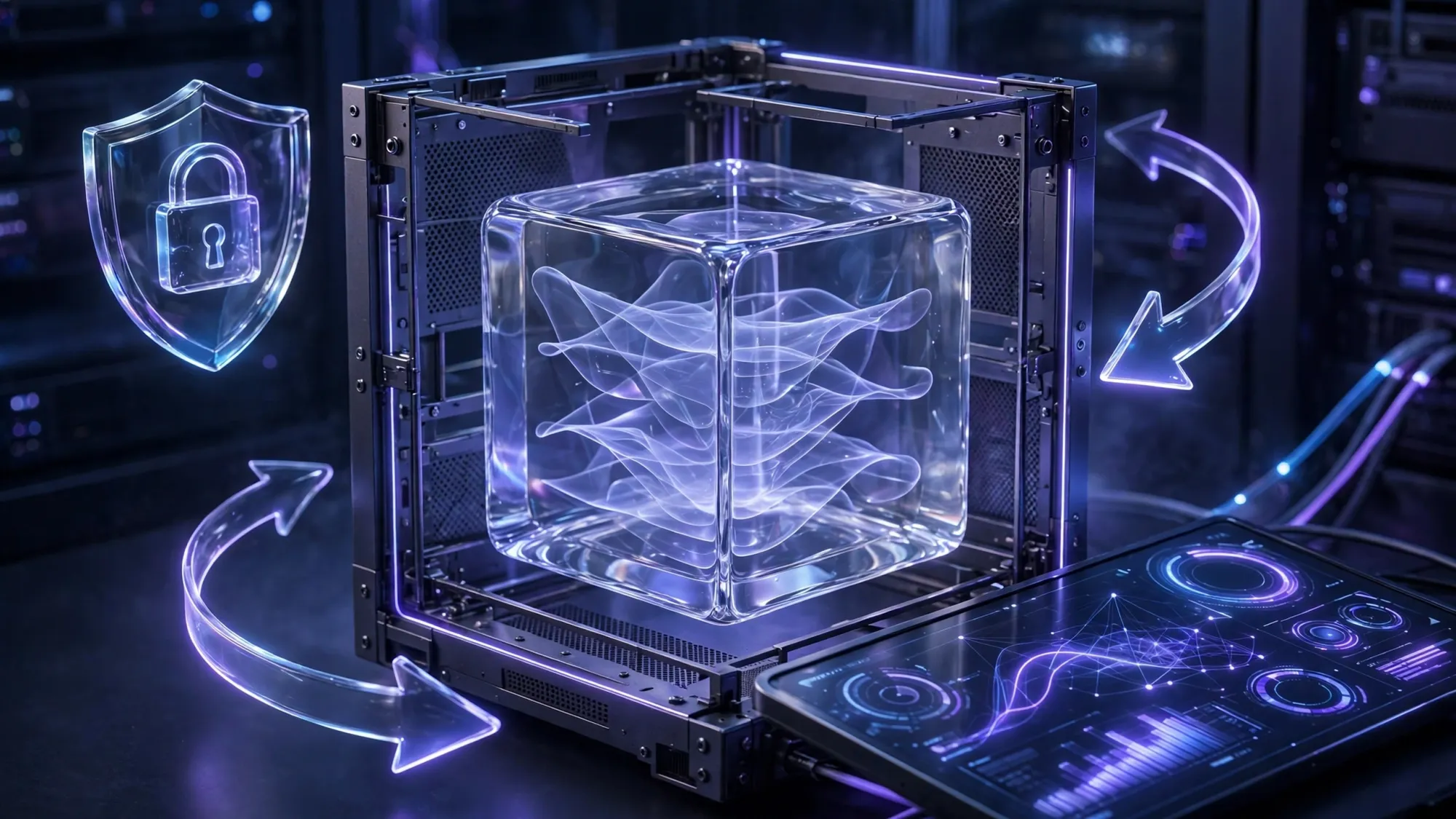 Minh họa Liquid Glass Ghost CMS chạy trong Docker trên VPS Ubuntu với aaPanel và lớp reverse proxy HTTPS