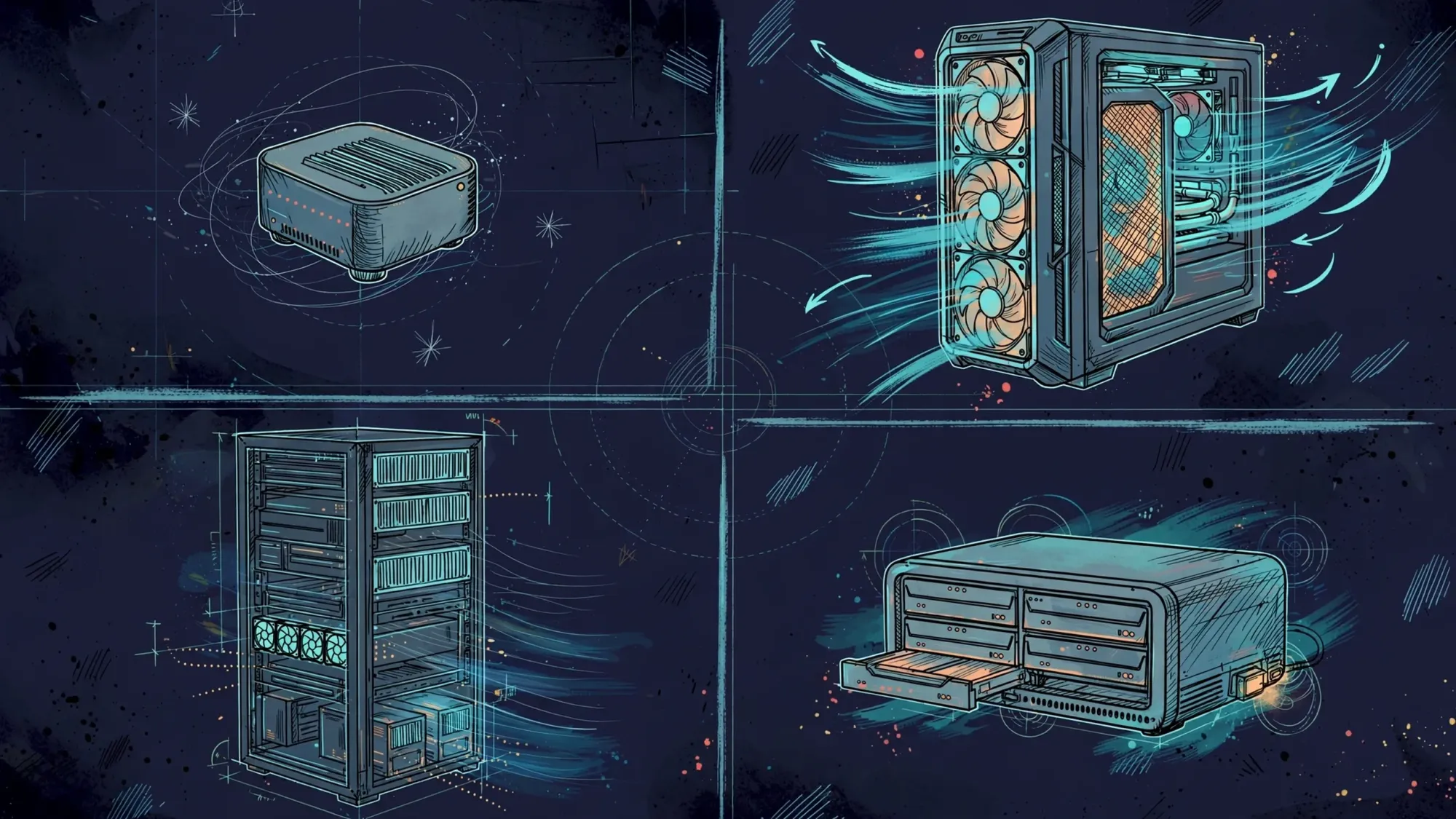 Minh họa Illustration Art về Chọn phần cứng homelab: mini PC, workstation, server hay NAS?