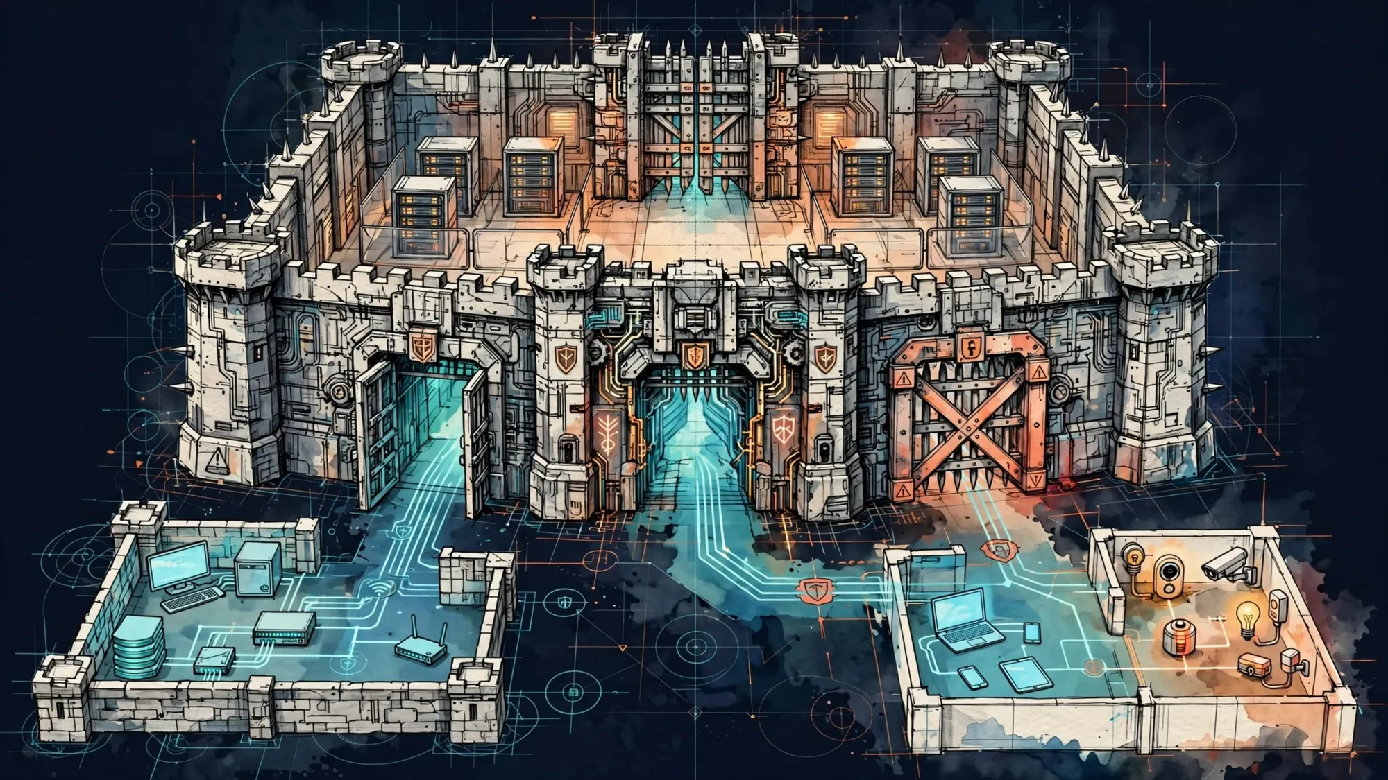 Minh họa Illustration Art về Firewall cho homelab: phân vùng mạng và nguyên tắc deny by default