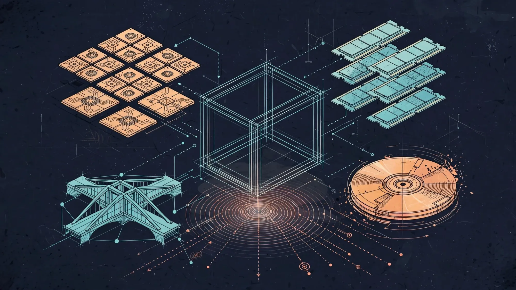 Minh họa Illustration Art về Tạo VM đầu tiên trên Proxmox: CPU, RAM, disk, bridge và cloud-init