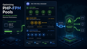 Minh họa PHP-FPM pool với các worker process, socket và biểu đồ RAM cho website ít tài nguyên