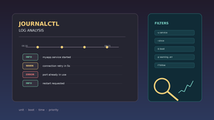 Journalctl trên Linux với bảng log systemd timeline priority và các điểm lỗi được lọc