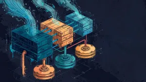 Minh họa Illustration Art về Docker Compose cho homelab: services, networks, volumes và biến môi trường